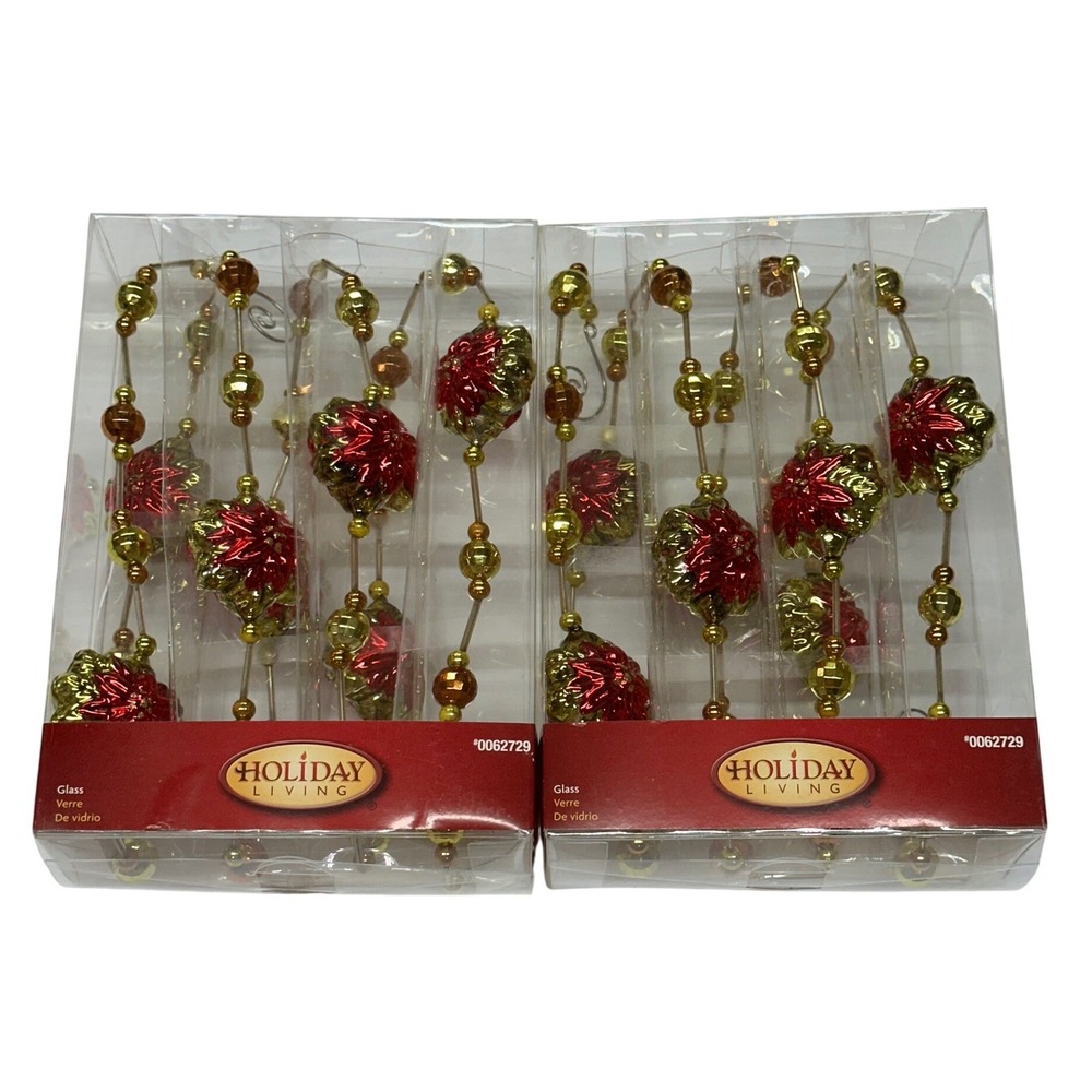 Holiday Living Glass Poinsettia Bead Garland Red Gold Christmas Decor 2pk